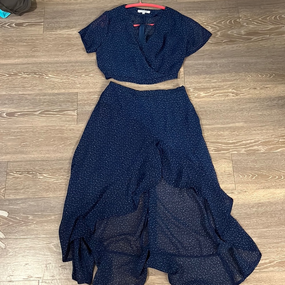 Navy Polka dot two piece set skirt and top